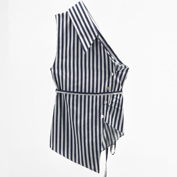 ZARA STRIPED ASYMMETRIC TOP & STRIPED POPLIN SHORTS SZ L - Picture 5 of 9